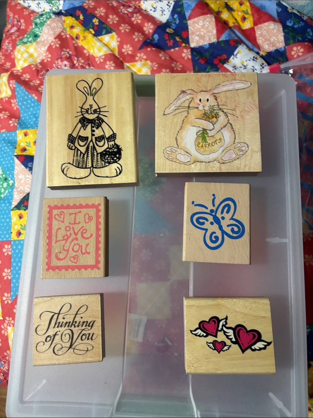 Wooden Easter Bunny and Hearts Stamp Set - Neutral/Black/Pink/Blue